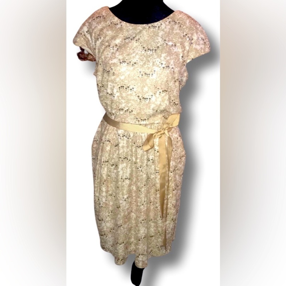 Alex Evenings Gold Sequin Midi Dress with Satin Waist Tie